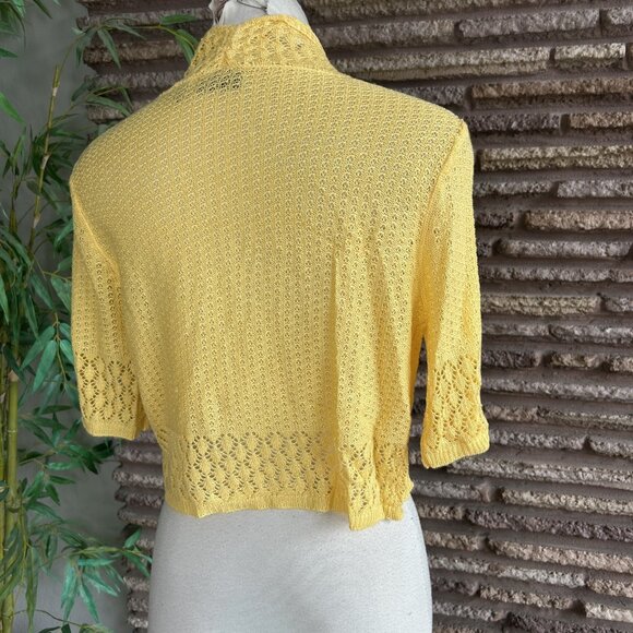 Nina Leonard Bright Yellow Lace Mesh Trim Open Drape Cardigan Sweater Size M - Picture 7 of 7